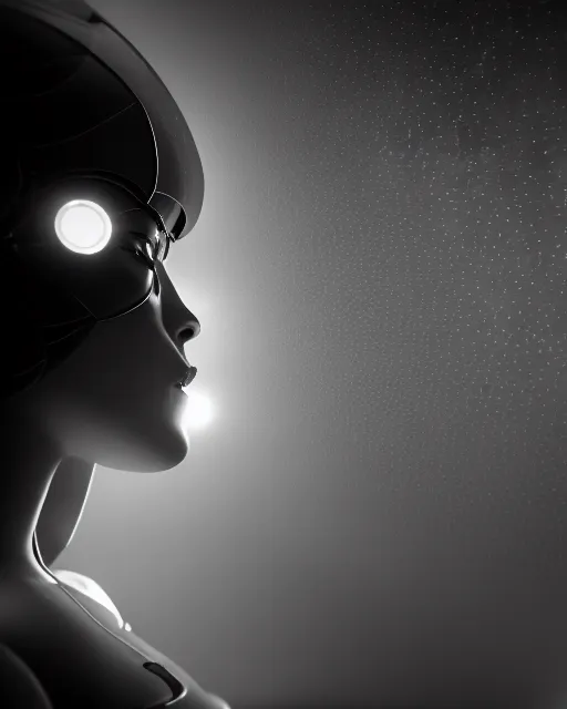 Image similar to black and white high quality photo of a beautiful female AI vegetal-cyborg looking into a sci-fi mirror, volumetric lighting, liminal space, brutalism, foggy, dreamy, hyperdetailed, bokeh, photorealistic, cinematic, masterpiece, Metropolis, elegant, dark, by Fritz Lang in the style of Horst P. Horst, octane render, 8K,