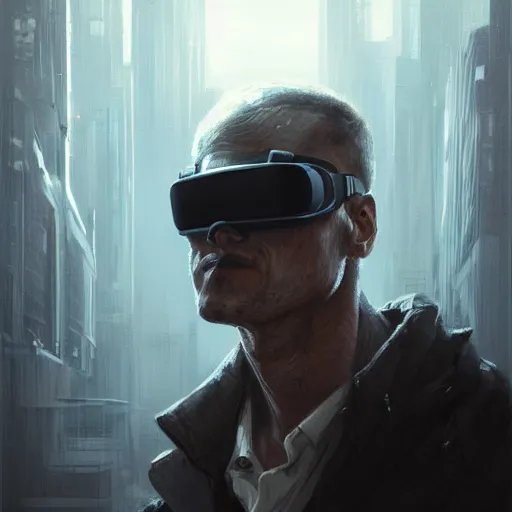 Image similar to Portrait of a man by Greg Rutkowski, symmetrical face, an young man with a VR Heaset covering his eyes, Kubric Stare, cold, twisted and sinister smile, highly detailed portrait, scifi, digital painting, artstation, book cover, cyberpunk, concept art, smooth, sharp foccus ilustration, Artstation HQ