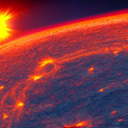 Image similar to The Sun spewing red and orange solar flares from its poles, distributing an enormous amount of energy, creating a superstorm that could catastrophically erupt the normality of space and time, satellite imagery, satellite visible light imagery, trending on artstation, 4k, 8k