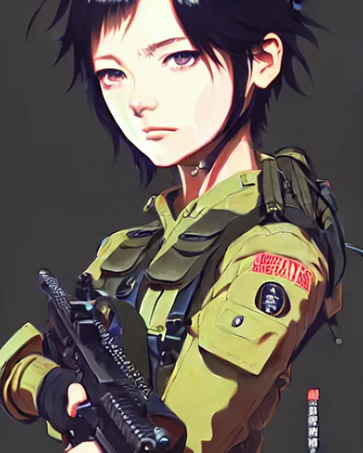 Image similar to girl wearing tactical gear, very anime, fine - face, audrey plaza, realistic shaded perfect face, fine details. anime. realistic shaded lighting poster by ilya kuvshinov katsuhiro otomo ghost - in - the - shell, magali villeneuve, artgerm, jeremy lipkin and michael garmash and rob rey