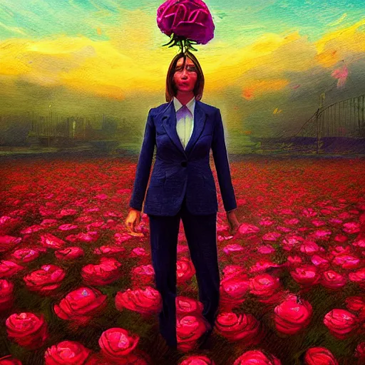 Image similar to portrait, giant rose flower head, girl in a suit, surreal photography, sunrise, blue sky, dramatic light, impressionist painting, digital painting, artstation, simon stalenhag