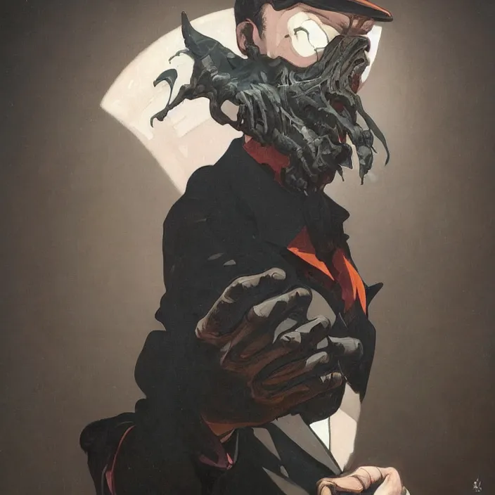 Image similar to excellent painted portrait of a terrifying evil inhuman shadowy monster in a 1940s vintage suit, high quality painting, 8k resolution, trending on artstation, octane render, art by artgerm and greg rutkowski and alphonse mucha and craig mullins and James Jean and Andrei Riabovitchev and Marc Simonetti and peter mohrbacher, sharp focus, smooth