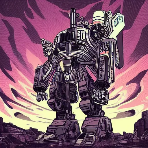 Image similar to Mcbess designed cyberpunk aesthetic TOOL album cover art of a giant mech warrior