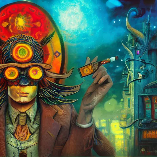 Image similar to 8K centered headshot Portrait of a psychedelic godlike mothman posing with a cigar with giant mandala wings smoking a hand-rolled cigarette smoking heavily , magic mushroom village in background , post-processing , award winning. superb resolution. in the art style of Satoshi Kon and Greg Rutkowski , Detailed Mushroom city in background , Hyper realistic anime , Perfect art , Dalle2