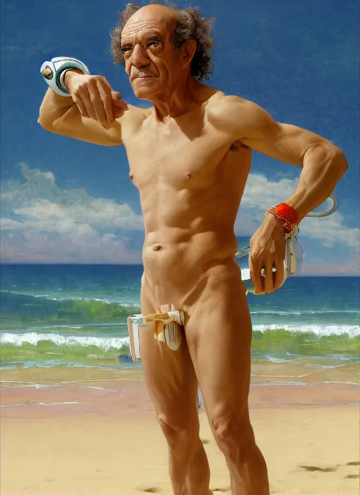 Image similar to portrait hector salamanca as sea lifeguard on the beach, full length shot, shining, 8k highly detailed, sharp focus, illustration, art by artgerm, mucha, bouguereau