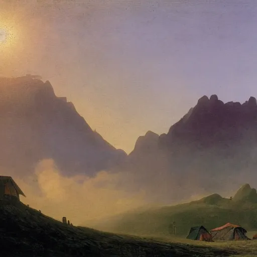 Image similar to mountains above the clouds, village in the mountain, long parallel wooden platforms, tents, colors, misty clouds, sun at dawn, painting by caspar david friedrich