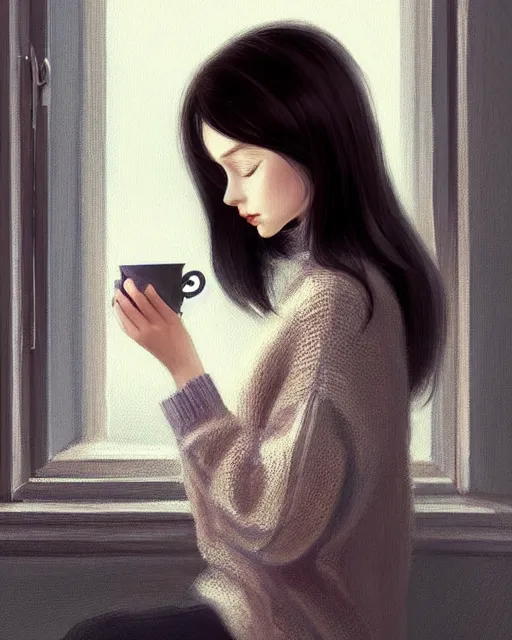 Prompt: a dreamy painting of a pretty french girl with dark hair, wearing an oversized sweater, cuddled up by a windowsill making eye contact with the viewer, holding a mug of hot tea covering her lower face. In the style of ilya kuvshinov, elegant, highly detailed, photorealistic, digital painting, bokeh, HDR, high resolution, artstation, concept art, smooth