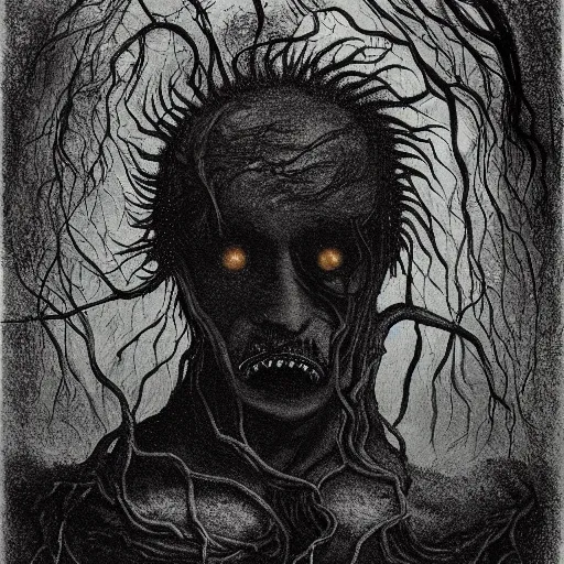 Image similar to award - winning painting of a edgar alan poe, infested with pitch black, tar - like, shadow roots with lots of tendrils on the skin, black veins, intricate detail, deep black roots, infestation, shadowy, lovecraftian, beksinksi, black and white, chiaroscuro, full body shot