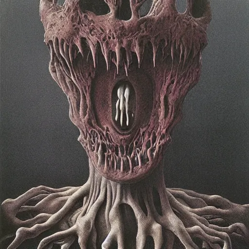 Prompt: horrifying creatures devouring humans painting by Zdzisław Beksiński