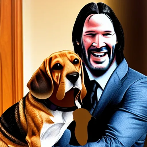 Prompt: john wick smiling and playing with his beagle