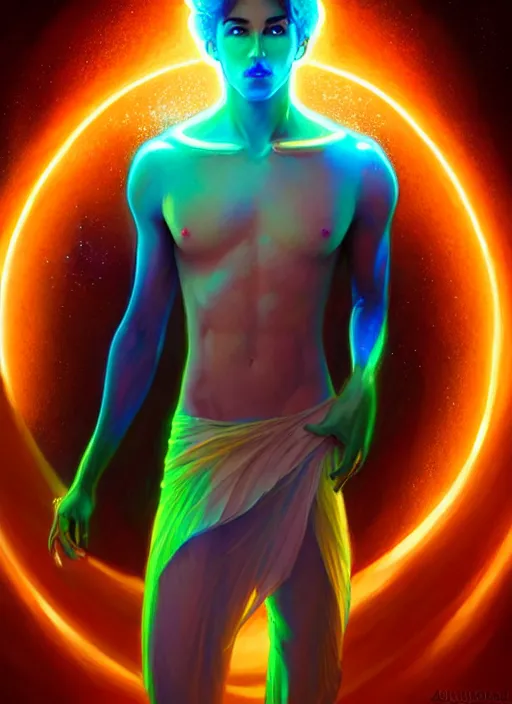 Prompt: a male faceless glowing liquefied stardust adventurer, dnd fantasy character, full body portrait, glowing neon skin, magical aura, ultra realistic, intricate, elegant, highly detailed, digital painting, artstation, smooth, sharp, focus, illustration, art by artgerm and greg rutkowski and alphonse mucha and alex grey