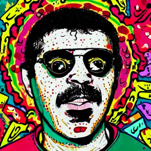 Image similar to omar souleyman in the style of daniel johnston and outsider art, 4k, overlaid with arabic letters