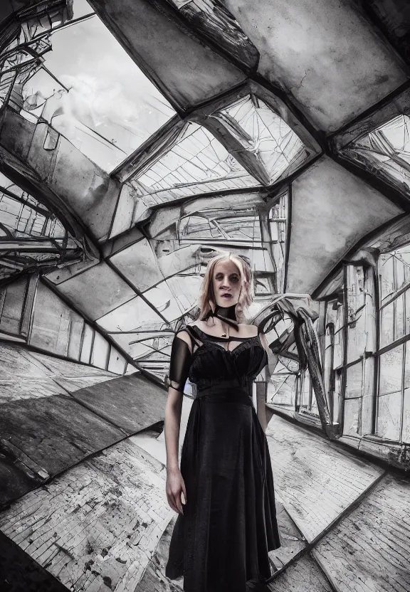 Prompt: cute model annie leonhart posing in dunwall city building roof, beautiful face, detailed face, realistic eyes, cinematic lighting, rainy weather, melancholy atmosphere, volumetric light, gothic architecture, realistic reflections, model agency, instagram photo, depression atmosphere, shot on nikon d 8 5 0 camera, beauty filter, postprocessing