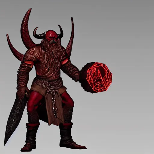 Image similar to dnd render of a man, red, a big black beard, golden eyes, 2 curved horns, one broken horn,