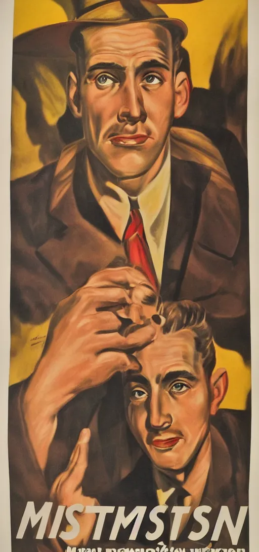 Prompt: portrait mistery man, 1940s propaganda poster, full hd,highly detailed