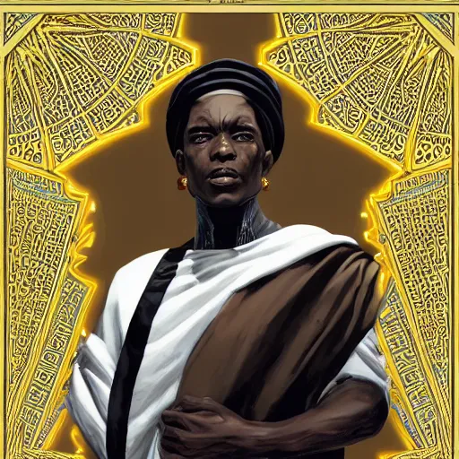 Image similar to symmetry!! an african moor wearing white robes and turban entering the voidspace. ornate, golden, steampunk stargate. front game card. marvel comics. dark. intricate. highly detailed. smooth. artstation. digital illustration by ruan jia, mandy jurgens, artgerm, wayne barlowe, greg rutkowski, and zdislaw beksinsk.