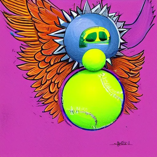 Image similar to a tennis ball monster with angel halo and wings,tennis ball,colorful, digital art, fantasy, magic, trending on artstation, ultra detailed, professional illustration by Basil Gogos