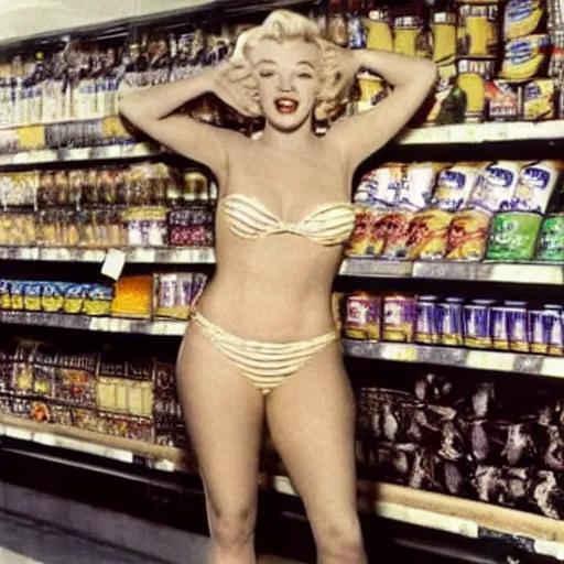 Prompt: marylin monroe in bikini in a grocery store in 2 0 2 2