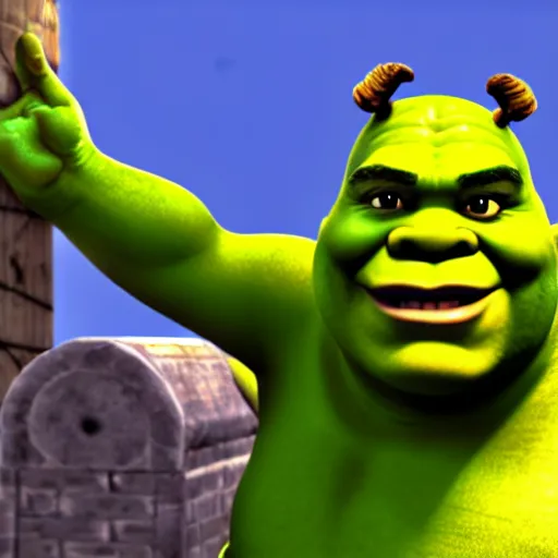 Image similar to shrek in super smash bros ultimate, highly detailed, extremely high quality, hd, 4 k, 8 k, professional photographer, 4 0 mp, lifelike, top - rated, award winning, realistic, detailed lighting, detailed shadows, sharp, no blur, edited, corrected, trending