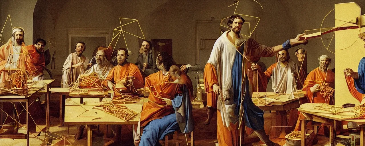 Image similar to the greek mathematician euclid discovering geometry with spaghetti, 3 0 0 bce, kodachrome, in the style of wes anderson, retro