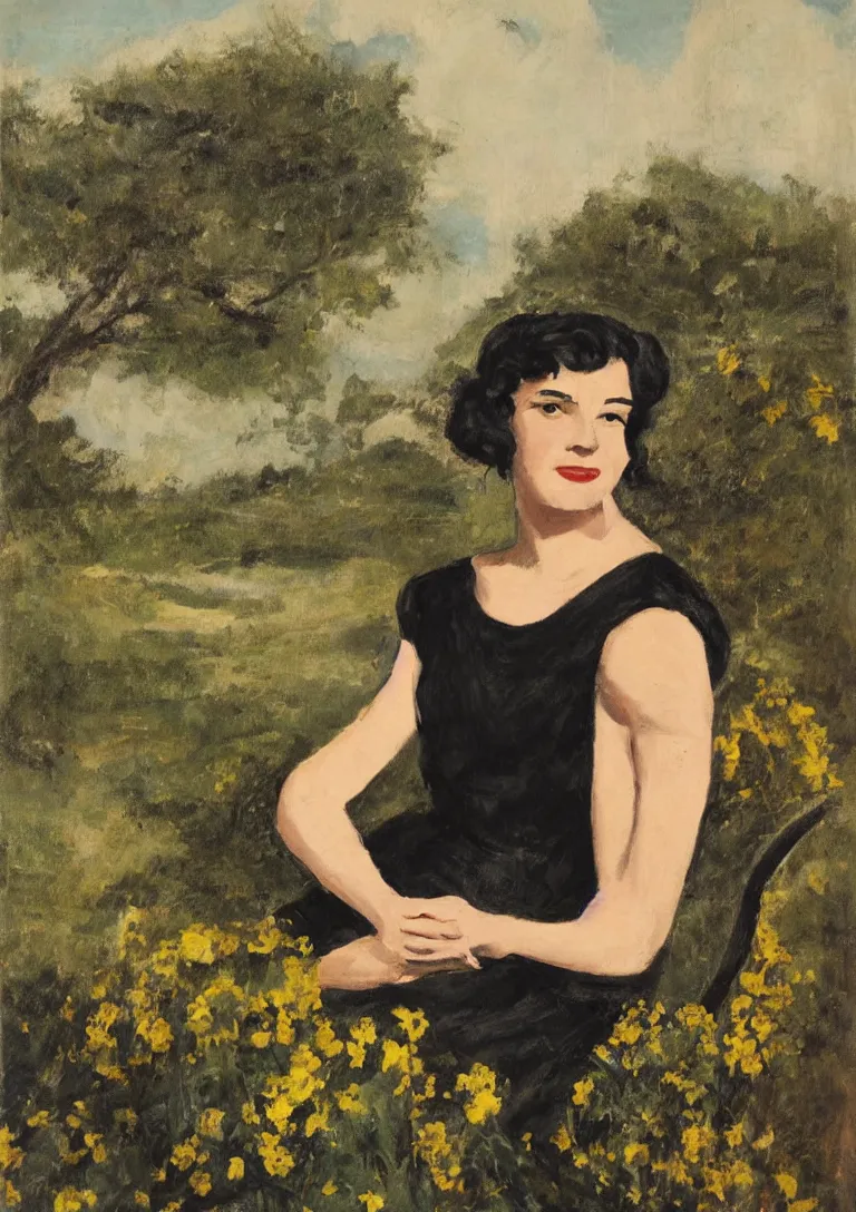 Image similar to a portrait of a young woman from the fifties, seated in front of a landscape background, her black hair is a long curly, she wears a dark green dress pleated in the front with yellow sleeves, puts her right hand on her left hand, mannerism