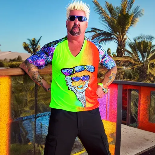 Image similar to guy fieri wearing a neon colored mesh crop top and pit vipers