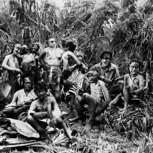 Prompt: a vintage photograph of a tribe living in a crashed airplane in a dense jungle