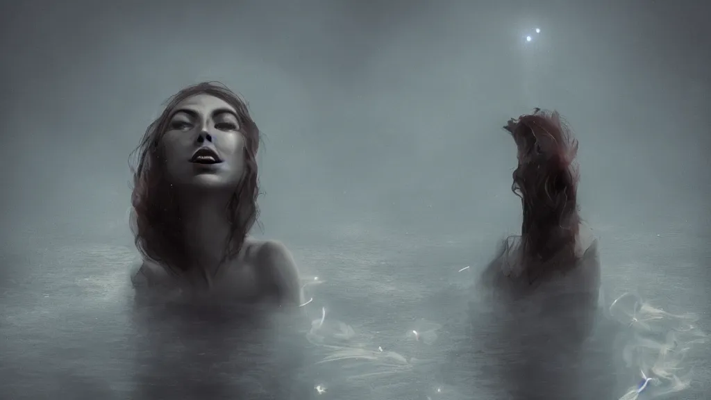 Image similar to whimsical, a single beautiful playful woman, wearing professional makeup, standing in a lake, blowing trippy smoke, under the stars, with a binary black hole with a ring in the sky, by Lois van Baarle, by Greg Rutkowski, by Ilya Kuvsninov, cinematic angle, face enhance, volumetric lighting, cinematic lighting, digital art, 4k resolution, octane render, trending on artstation, masterpiece