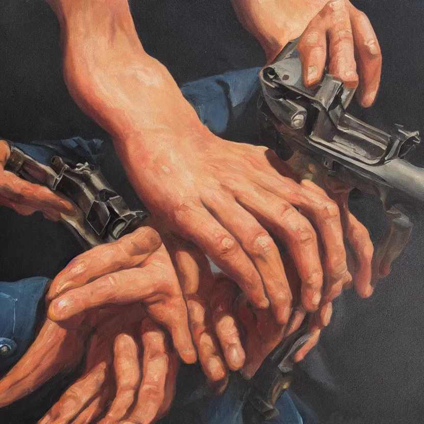 Image similar to oil painting of a human hand holding a gun