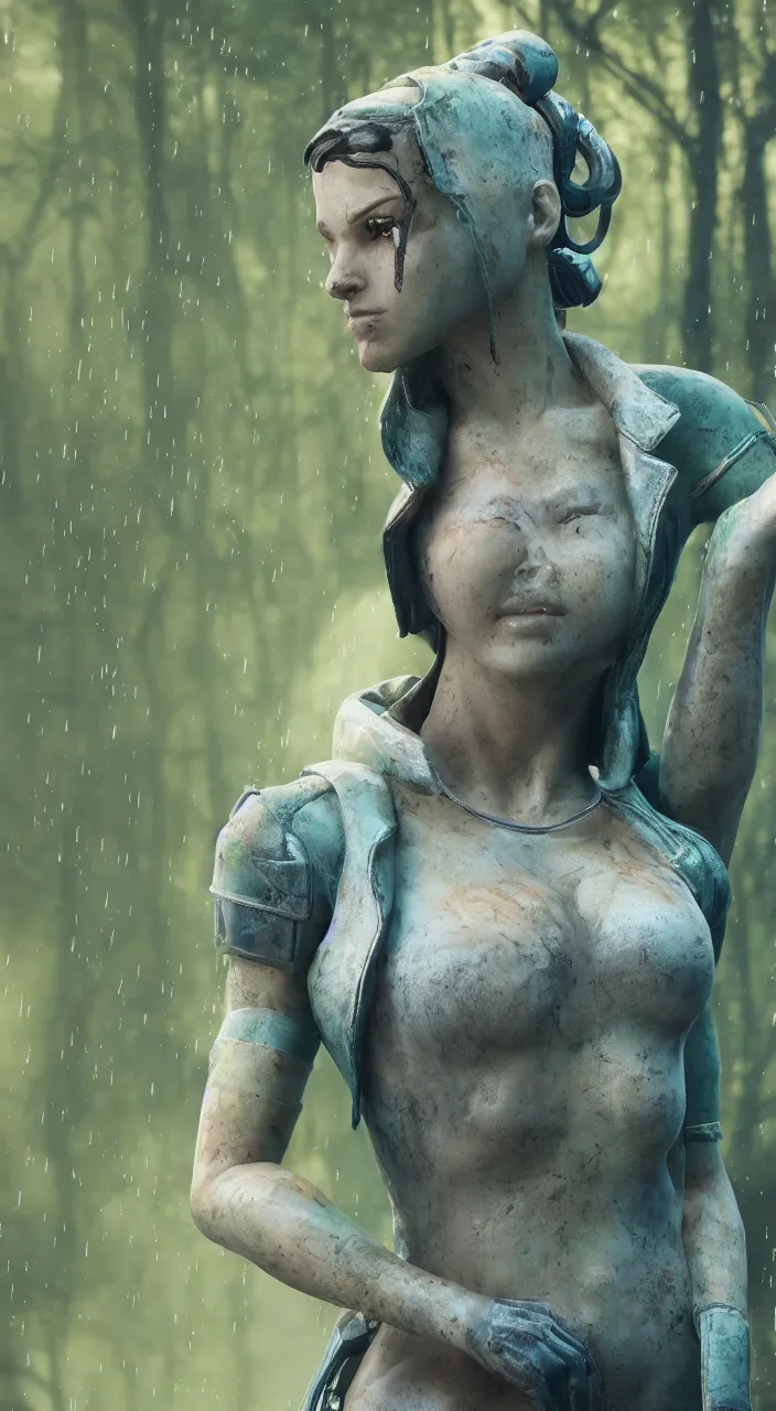 Image similar to marble statue of judy from cyberpunk 2 0 7 7, moss, foggy forest, rain, raindrops, 4 k, photorealistic