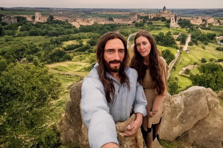 Image similar to selfie made by jesus and mary magdalene standing on a cliff looking over a beautiful landscape with castles in france, award winning photo, very detailed, very realistic