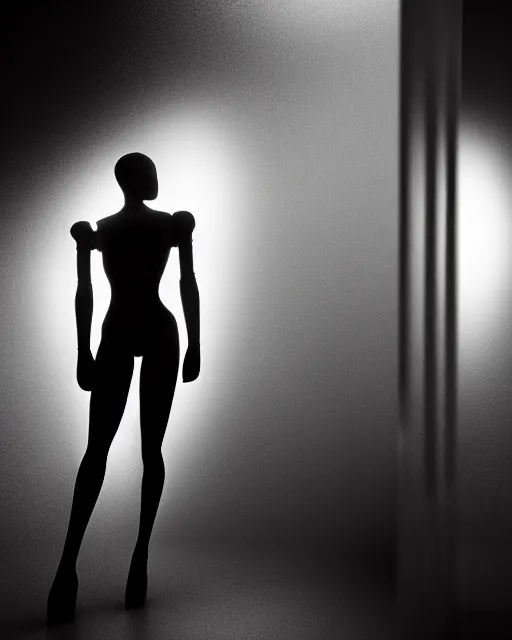 Image similar to black and white high quality photo of a beautiful female AI vegetal-cyborg looking into a sci-fi mirror, volumetric lighting, liminal space, brutalism, foggy, dreamy, hyperdetailed, bokeh, photorealistic, cinematic, masterpiece, Metropolis, elegant, dark, by Fritz Lang in the style of Horst P. Horst, octane render, 8K,