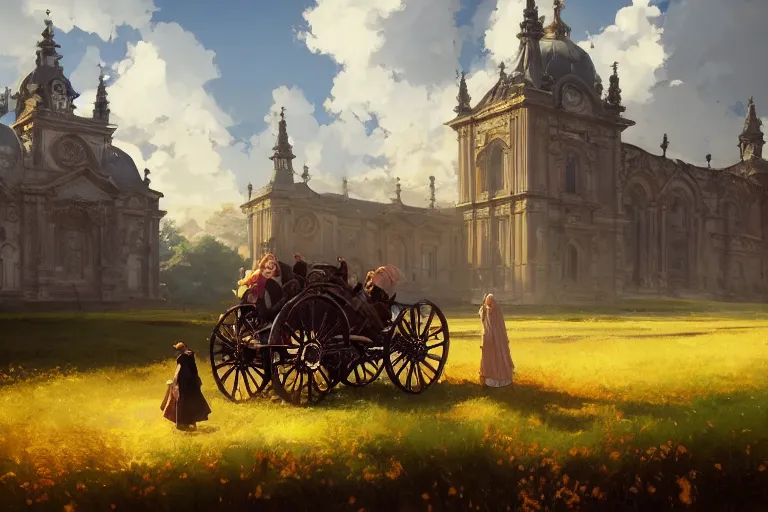 Prompt: a driving ornate baroque church mounted on chainwheels, scene in an open field. key visual, conceptart, ambient lighting, highly detailed, digital painting, artstation, concept art, sharp focus, by makoto shinkai and akihiko yoshida and greg manchess