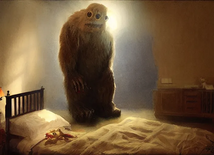 Prompt: terrifying monster in a bedroom by james gurney, volumetric lighting