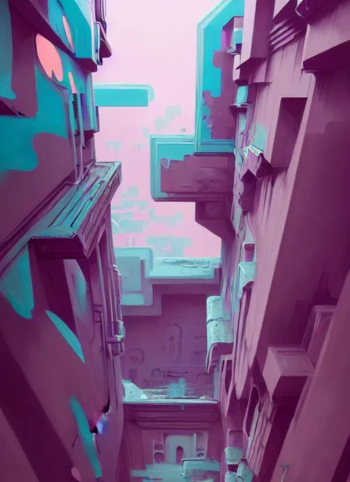 Image similar to matte painting extreme offset 3 d calligraphy graffiti mural dripping paint wall extreme maximalism by mc escher, by atey ghailan, by greg rutkowski, by greg tocchini, by james gilliard, by joe fenton, pink, brown, black and light blue color scheme, octane render