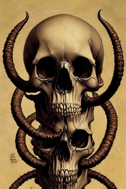 Image similar to human skull with horns and three eyes artists anatomy in the style of wayne barlowe, gustav moreau, goward, bussiere, roberto ferri, santiago caruso, luis ricardo falero, dali