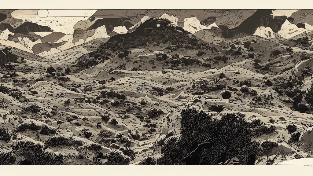 Image similar to very detailed, prophet graphic novel, ilya kuvshinov, mcbess, rutkowski, simon roy, illustration of a plateau with a bunker built into it, wide shot, colorful, deep shadows, astrophotography
