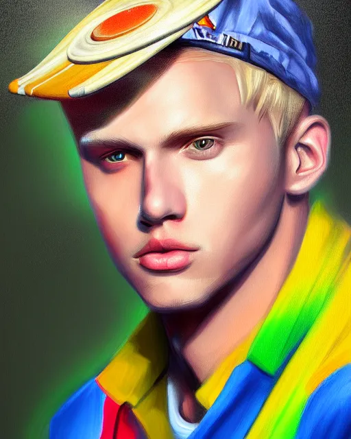 Image similar to colorful painting of a blond man with a propellor cap, matte painting, trending on art station, ultra - detailed, hq