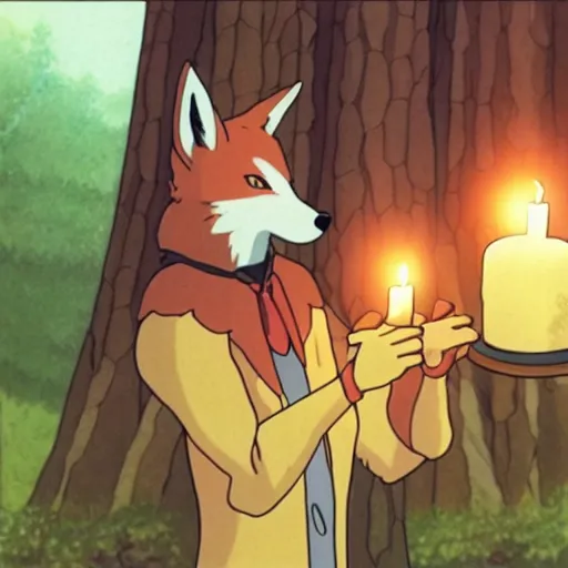 Image similar to a fox humanoid anime character carrying a candle in his hands, the forest, by studio ghibli