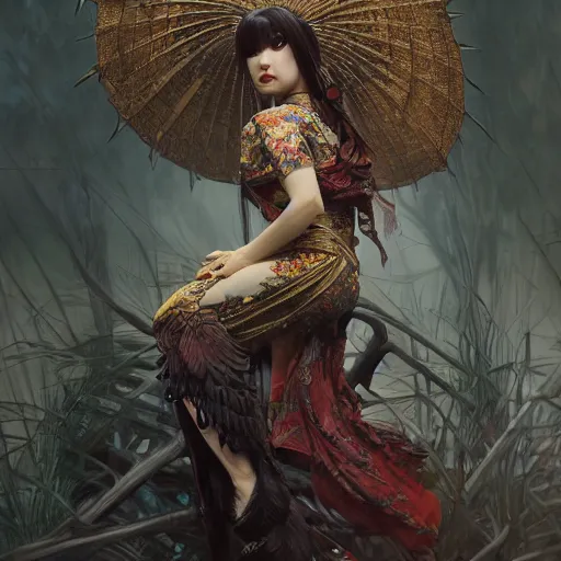 Prompt: a photorealistic dramatic fantasy render of a beautiful woman wearing a beautiful intricately detailed japanese crow kitsune mask and clasical japanese kimono by wlop, artgerm, greg rutkowski, alphonse mucha, beautiful dynamic dramatic dark moody lighting, shadows, cinematic atmosphere, artstation, concept design art, octane render, 8 k