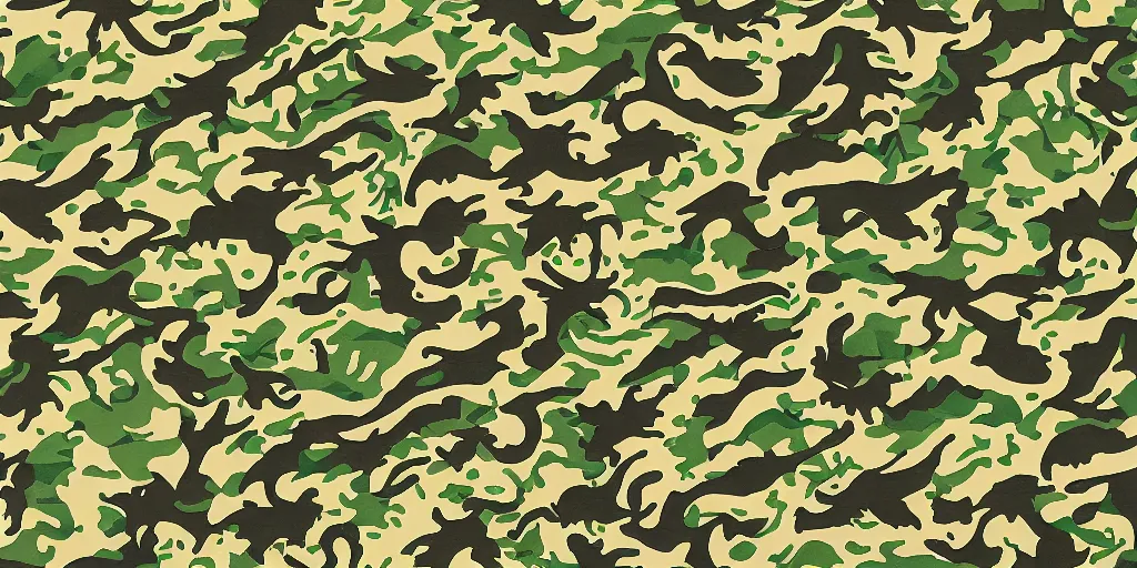 Prompt: detailed camo pattern fabric with dragon illustrations