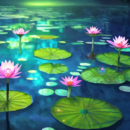 Prompt: a painting of crystal lotuses in an iridescent pond with bioluminescent algae and waterlilies by yusuke murata and makoto shinkai, cel shaded, unreal engine, highly detailed, iridescent, illustration, artstation, pixiv, reflective, volumetric lighting, soft glow, vibrant, sharp