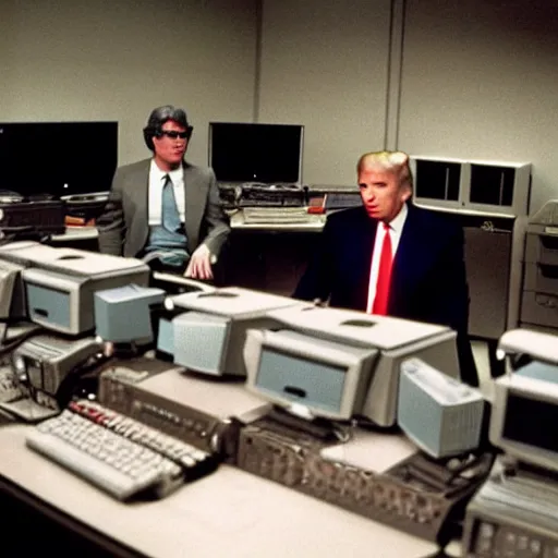 Image similar to candid color photo of Donald Trump sitting at a bank of very complicated, 1970's looking computers (designed by gucci ) working through the night in his theoretical physics lab with his old nemesis george lucas. They are both frustrated at not having cracked the theorem. photo by annie leibowitz