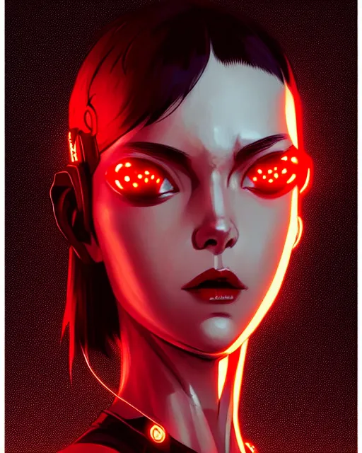 Image similar to a comic potrait of a cyberpunk cyborg girl with black and red parts, fine - face, realistic shaded perfect face, fine details. night setting. very anime style. realistic shaded lighting poster by ilya kuvshinov katsuhiro, unreal engine, global illumination, radiant light, detailed and intricate environment