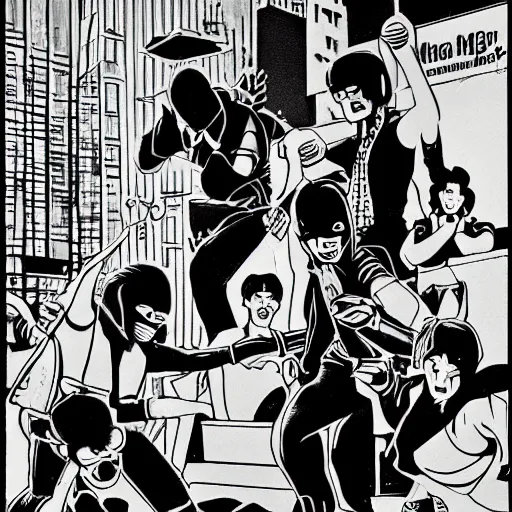 Image similar to 1 9 8 0's adult cartoon, a group of ninja vampire teenagers beating up a crowd of evil cowboy robots inside a new york city alleyway, dramatic lighting, moody