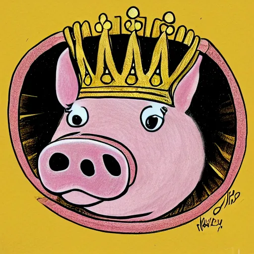 Image similar to a drawing of pig wearing a gold crown in the style of jack kirby