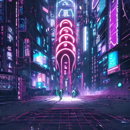 Image similar to Perfect circle portal leading to a vast neon cyberpunk Tokyo in style of Tsutomu Nihei. Cyberpunk, vertical symmetry, 8K, Highly Detailed, Intricate, Vivid.