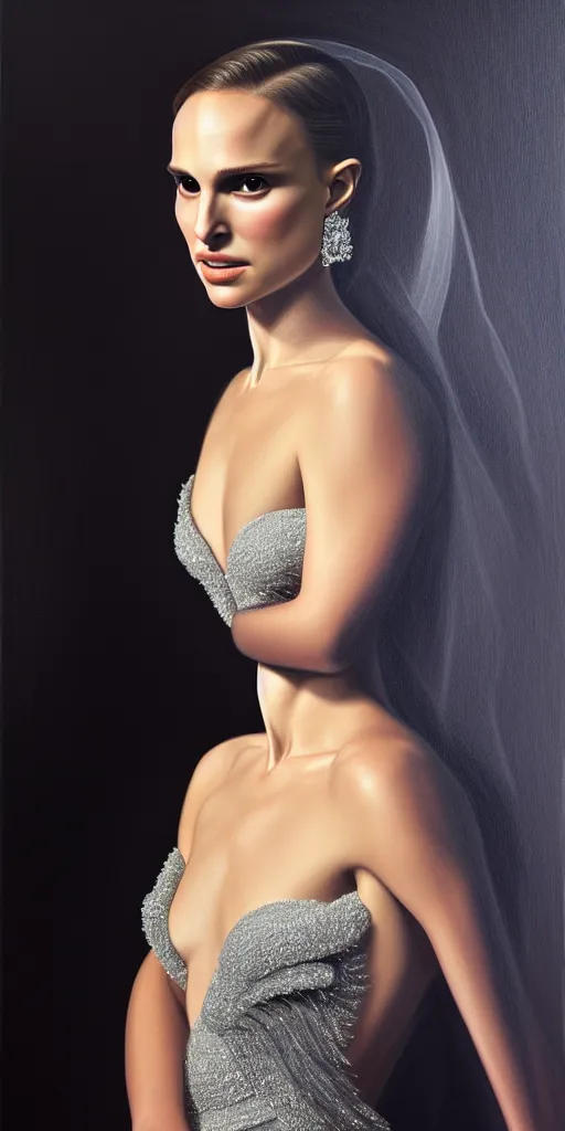 Image similar to Natalie Portman, wearing an evening gown, vera wang couture, very detailed portrait, ultrarealistic, dramatic lighting, electrical details, high details, 4k, 8k, best, accurate, trending on artstation, fur, artstation, photorealism, ultrarealistic, digital painting, style of Dali, Caravaggio, Boris Vallejo