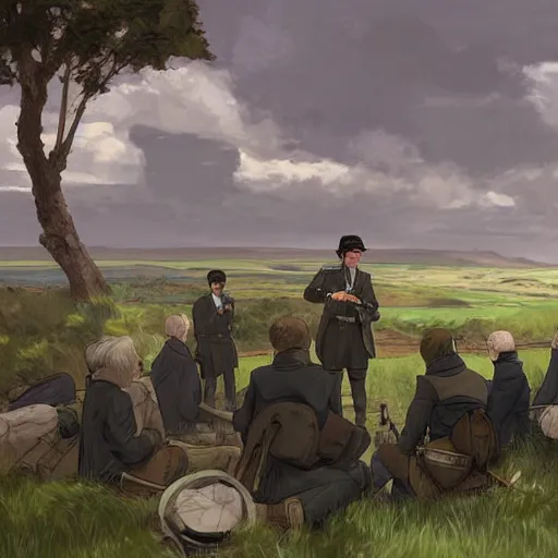 Image similar to irish rebel leader michael collins giving a speech to rebels in the irish countryside, highly detailed, digital painting, concept art, sharp focus, by makoto shinkai