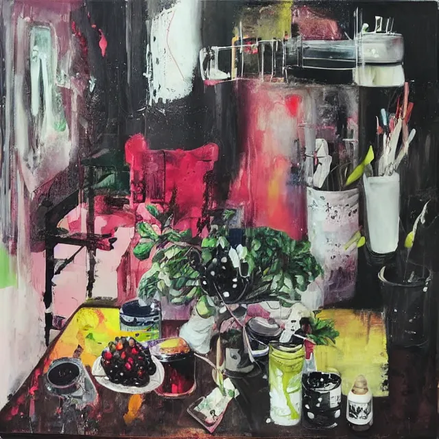 Prompt: “ a portrait in a queer female art student ’ s apartment, a big diamond, skyscraper, a pomegranate, art supplies, paint tubes, palette knife, pigs, ikebana, herbs, a candle dripping white wax, squashed berries, berry juice drips, acrylic and spray paint and oilstick on canvas, surrealism, neoexpressionism ”